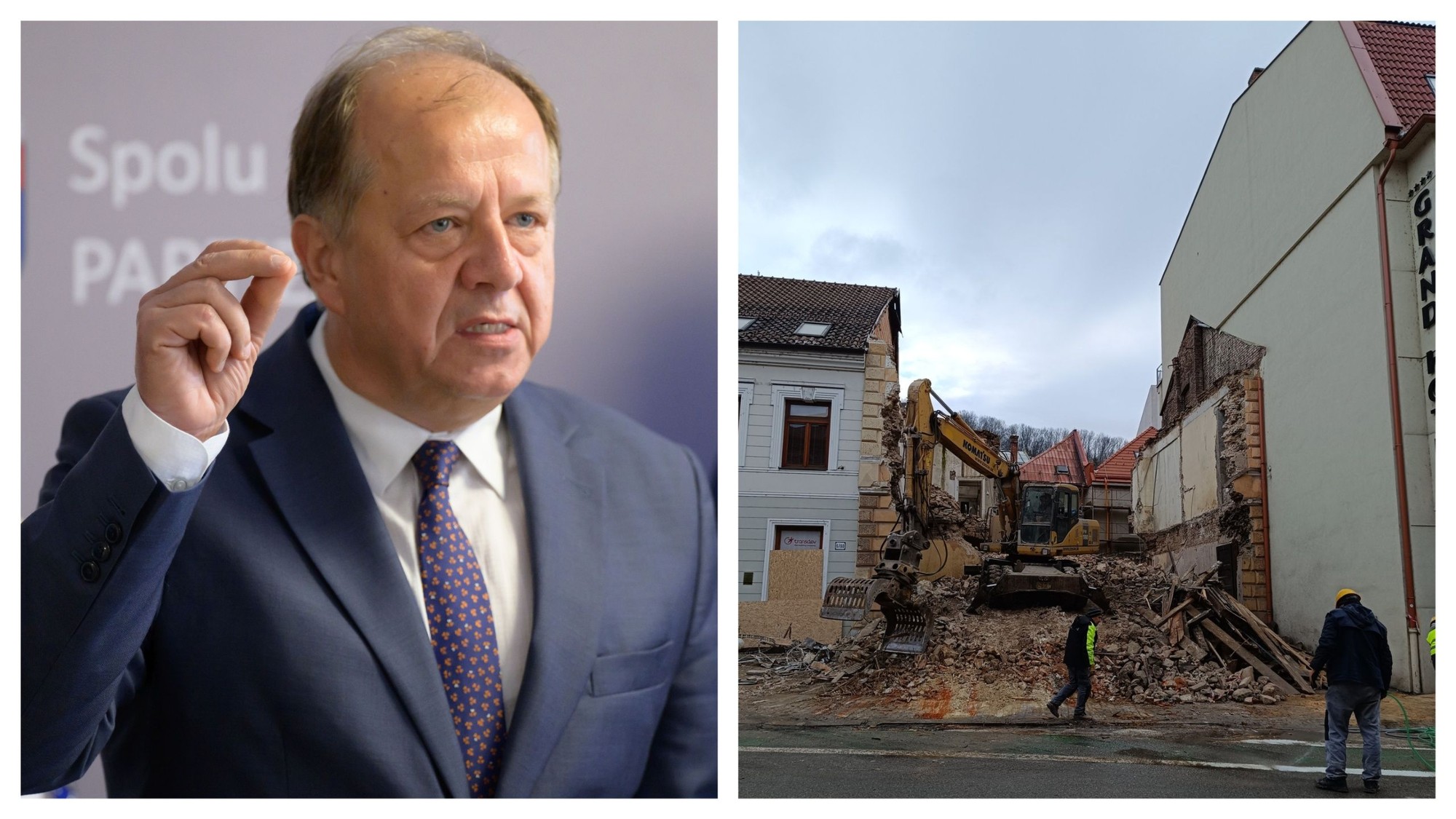 Primátor Trenčína Richard Rybníček. Vpravo ruiny zbúranej pamiatky v centre krajského mesta. 