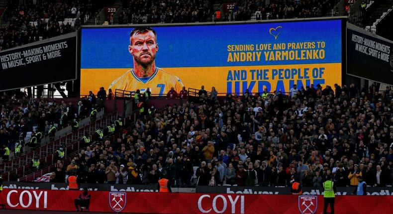 West Ham show their support for Ukrainian winger Andriy Yarmolenko at the London Stadium Creator: Ian KINGTON