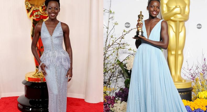 Lupita Nyong'o's dress at the 2024 Oscars was a throwback to the dress she wore at the 2014 Oscars.Mike Coppola/Getty Images; Jeffrey Mayer/WireImage