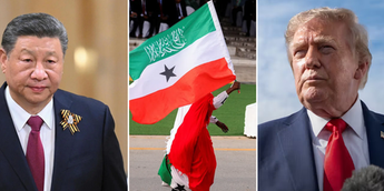 A composite photo showing Chinese President Xi Jinping, a demonstrator holding the flag of Somaliland, and U.S. President Donald Trump, highlighting growing diplomatic friction between Beijing and Washington over Red Sea strategy and Somaliland's sovereignty. (Photos: BI Africa)