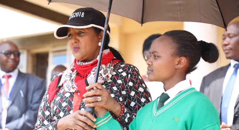 Education CS Amina Mohamed at a girls school during the 2018 KCSE exam (Twitter)