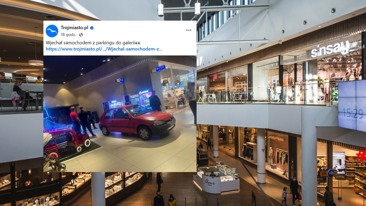 Wjechał peugeotem do galerii handlowej. 