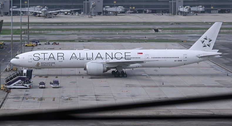 The Singapore Airlines Boeing 777-300ER airplane, which was headed to Singapore from London before making an emergency landing in Bangkok due to severe turbulence.Lillian Suwanrumpha/AFP via Getty Images