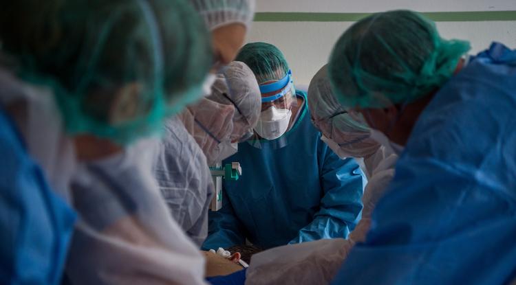 Orvosok és ápolók egy koronavírussal fertőzött beteget látnak el Országos Korányi Pulmonológiai Intézetben kialakított izolációs teremben.