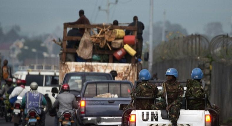 Soldiers of the United Nations Organization Stabilization Mission in the Democratic Republic of the Congo patrol a street in Goma, Democratic Republic of Congo on April 21, 2016