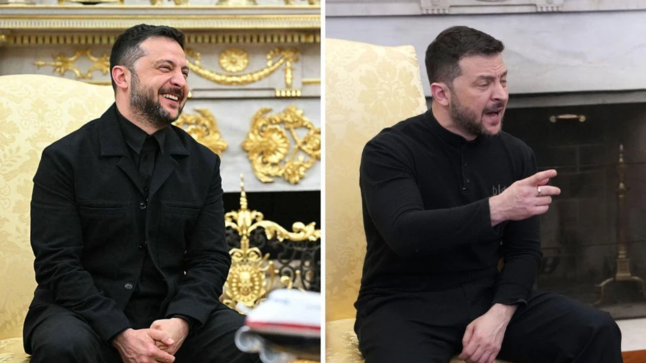 Dva lica Zelenskog: Nasmejan i u odelu u avgustu u Ovalnoj sobi (levo); U februaru u duksu i ne baš raspoložen | Foto: Getty Images