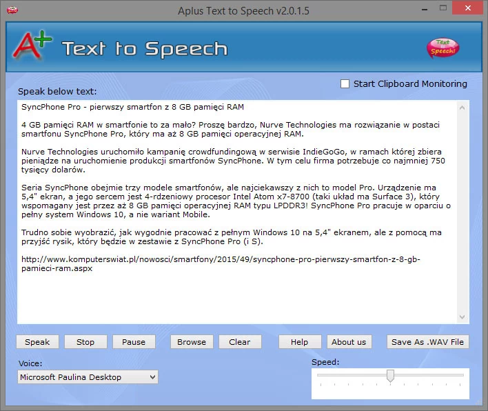 Główne okno programu do zmiany tekstu na mowę - Aplus Text to Speech