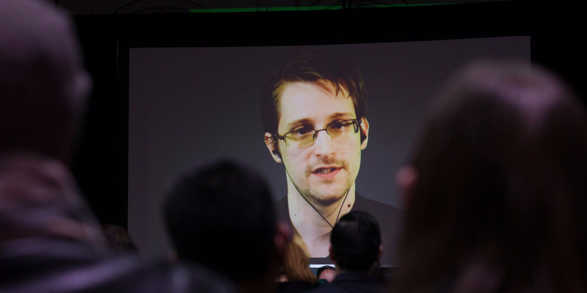 Former US National Security Agency contractor Edward Snowden appears live by video during a student-organized world-affairs conference at the Upper Canada College private high school in Toronto on February 2, 2015.