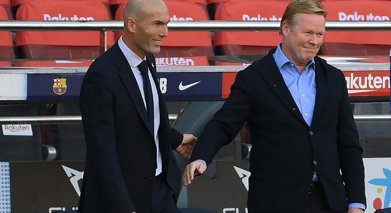 Zinedine Zidane (left) and Ronald Koeman (right) greeting each other at the Clasico on Saturday.