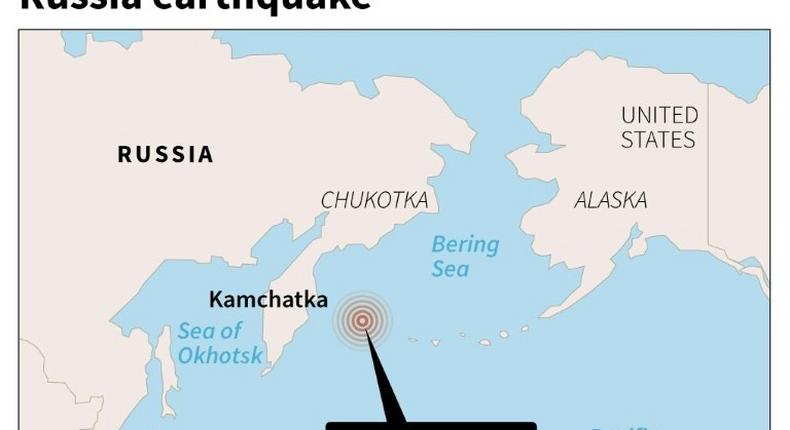 Map of Russia locating a 7.7-magnitude quake off the east coast on Monday