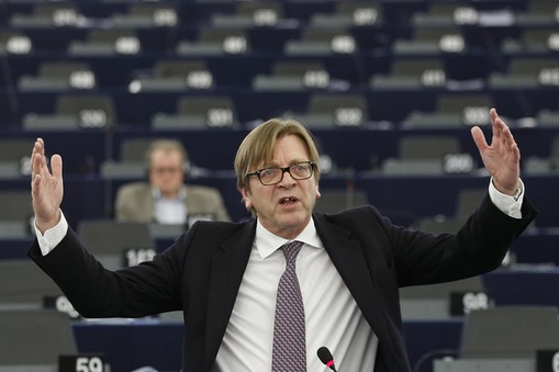 Verhofstadt, President of the Group of the Alliance of Liberals and Democrats for Europe, addresses the European Parliament during a debate on the situation in Ukraine in Strasbourg