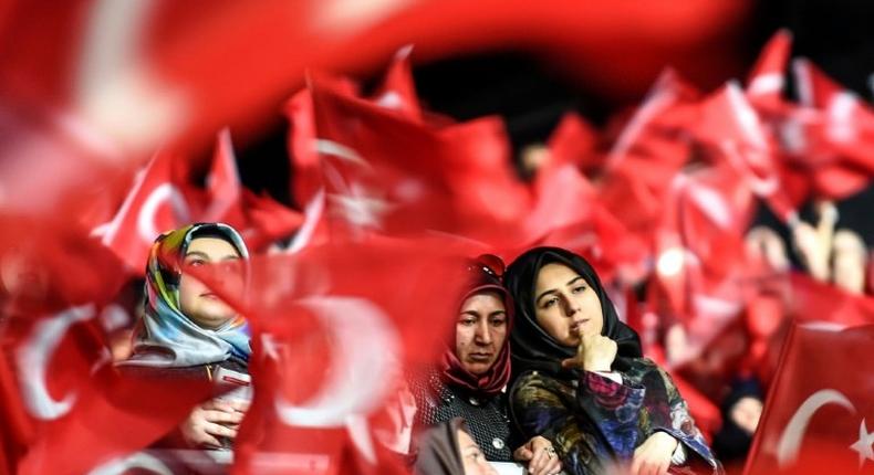 Women rally in support of a yes vote in a referendum on boosting Erdogan's powers