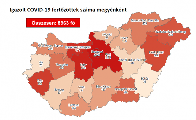 A fertőzöttek megoszlása megyénként / Fotó: koronavirus.gov.hu