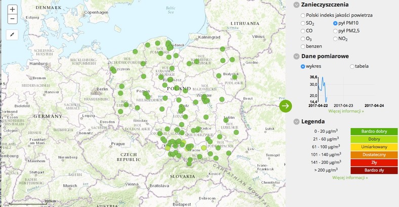 Stężenie pyłu PM10 - 2017-04-24 od godziny 04:00 do 05:00