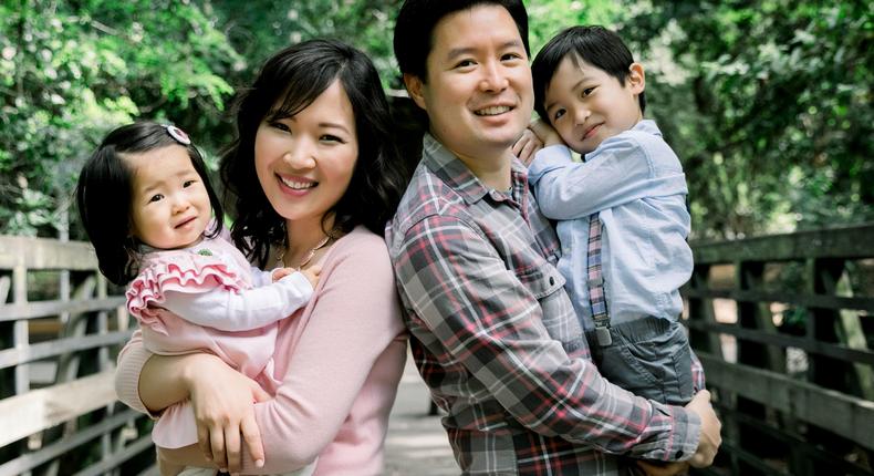 Eric Bahn, his wife Beatrice Kim, and their two children.