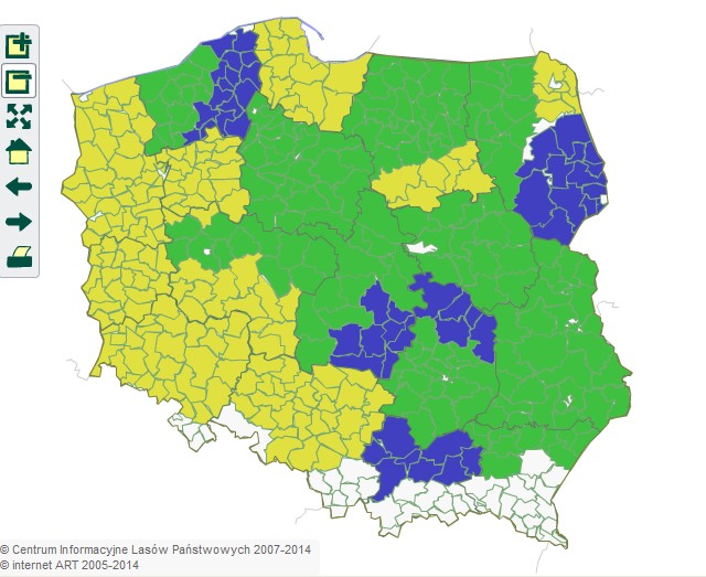 Legenda: czerwony – zagrożenie duże,
żółty – zagrożenie średnie,
zielony – zagrożenie małe,
niebieski – brak zagrożenia,
biały – rejon nieobjęty prognozowaniem

