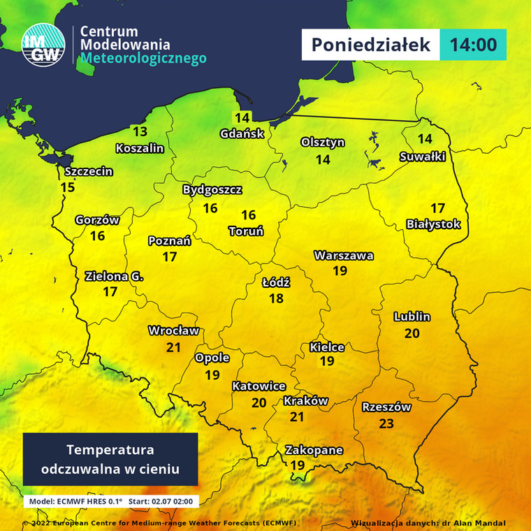 Prognozowana temperatura odczuwalna w Polsce w poniedziałkowe popołudnie