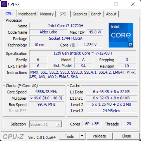 Acer Nitro 5 (AN515-58) – CPU-Z – specyfikacja Intel Core i7-12700H