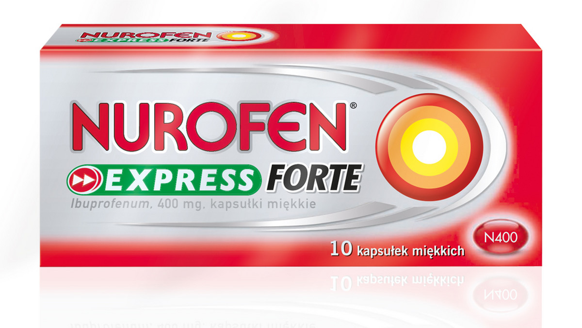 Nurofen Express Forte wchłania się w mgnieniu oka i dociera do źródła bólu, zwalczając jego przyczynę.  Czerwone kapsułki Nurofen Express Forte pokonują ból prawie trzy razy szybciej niż tabletki. Lek zawiera maksymalną, dostępną bez recepty dawkę ibuprofenu 400 mg.