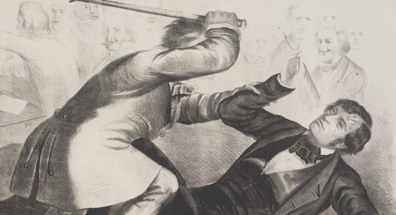 A lithograph of the Caning of Charles Sumner