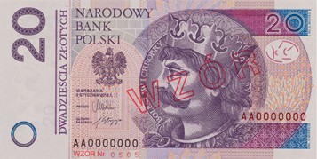 Na banknocie o nominale 20 złotych widnieje portret króla Bolesława I Chrobrego. Z jego lewej strony znajduje się portal romański, zaś z prawej korona młodego dębu z Drzwi Gnieźnieńskich ze sceny wystawienia zwłok św. Wojciecha. Stronę odwrotną zdobi srebrny denar Bolesława I Chrobrego z sylwetką ptaka i napisem PRINCES POLONIE. Z lewej strony umieszczono wizerunek rotundy św. Mikołaja w Cieszynie, a z prawej – lwa rozpiętego na wici roślinnej z obramowania Drzwi Gnieźnieńskich. Źródło: NBP