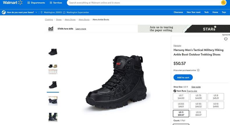 The listing with KKK hiking boots has been removed from the Walmart website.Walmart