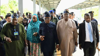 From L-R: Director of Transportation, Federal Capital Territory Administration (FCTA), Mr Joseph Akinteye; Minister of State for Federal Capital Territory (FCT), Dr Mariya Mahmoud; Minister of the FCT, Mr Nyesom Wike; and Permanent Secretary, FCTA, Mr Adesola Olusade, during inspection visit to rail transport rehabilitation projects in Abuja on Wednesday