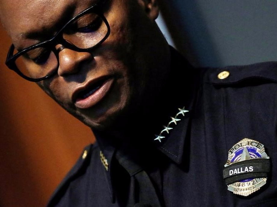 Dallas Police chief David Brown pauses during a press conference following the multiple police shootings in Dallas