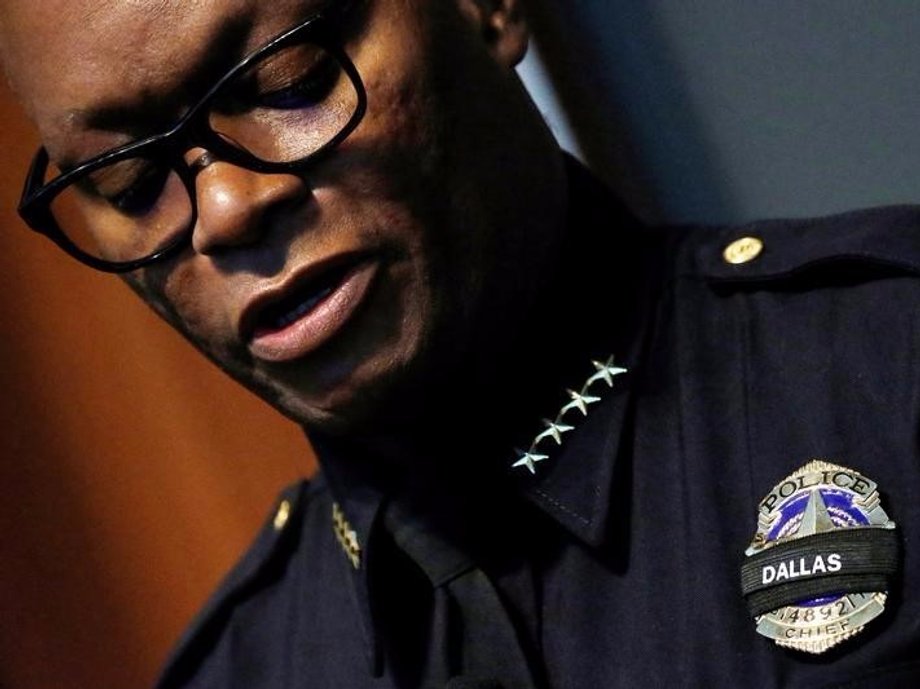 Dallas Police chief David Brown pauses during a press conference following the multiple police shootings in Dallas