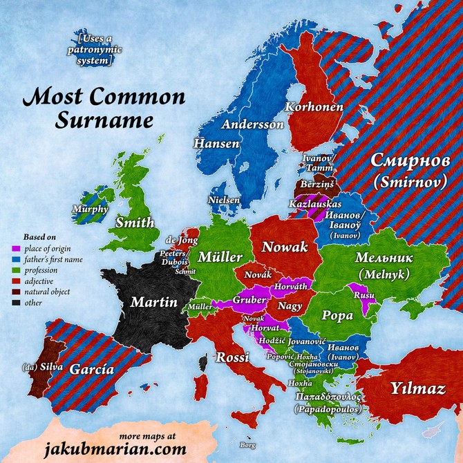 Mapa najčešćih prezimena u Evropi
