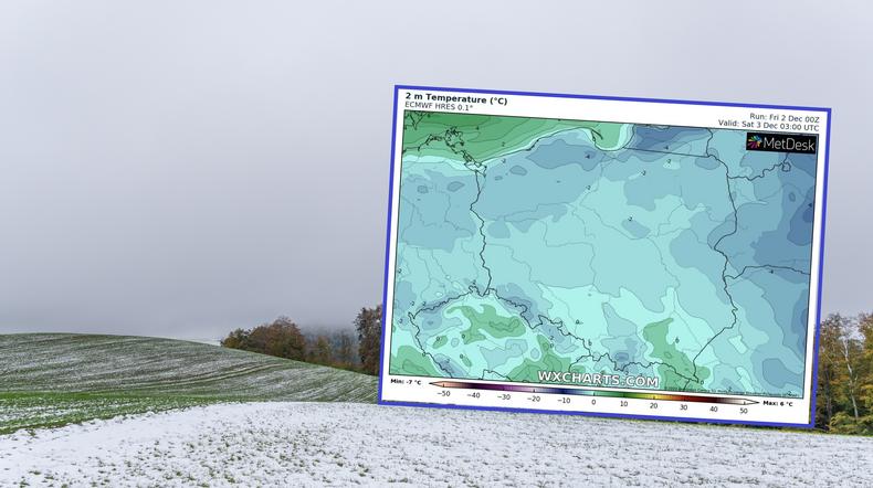 W piątek w wielu miejscach będzie trzymał mróz. Poprószy także śnieg (mapa: wxcharts.com)