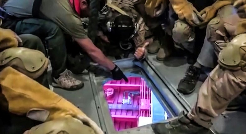 This image grab taken from a video provided by Iran's Revolutionary Guard official website via SEPAH News on July 20, 2019, allegedly shows Revolutionary Guard Corps preparing to board the British-flagged tanker Stena Impero in the Strait of Hormuz