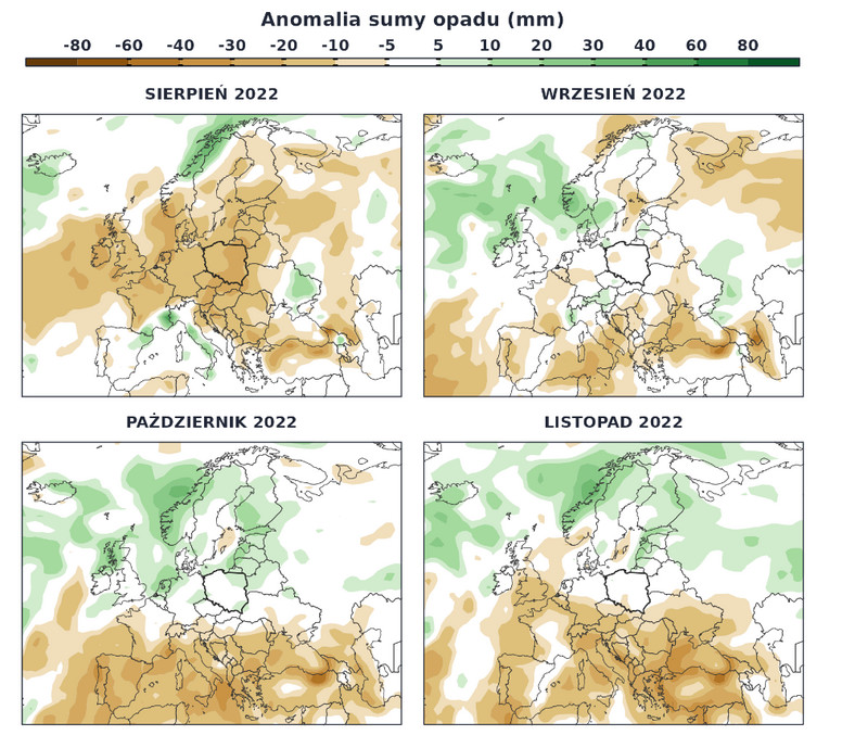 Prognoza anomalii opadów na kolejne cztery miesiące