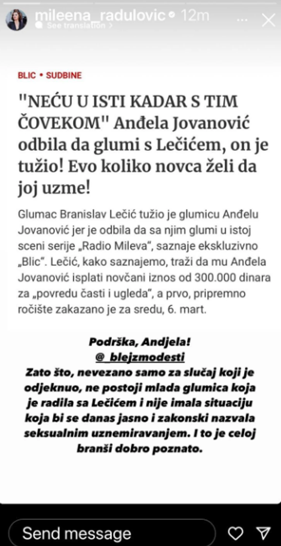 Milena Radulović podržala Anđelu Jovanović