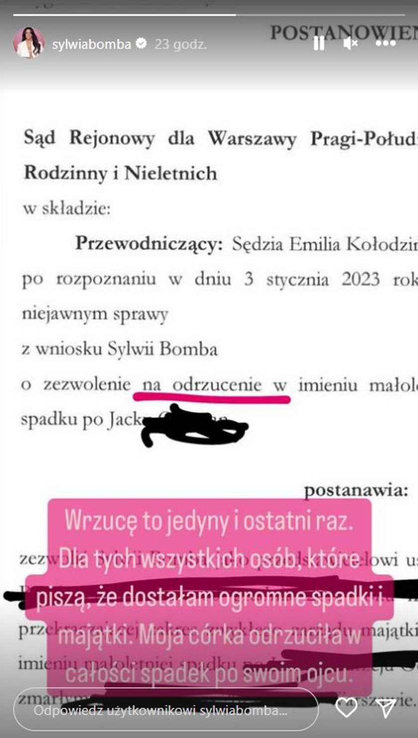 Sylwia Bomba pokazała na Instagramie zdjęcie postanowienia sądu. 