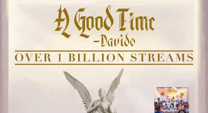 Davido's 'A Good Time' hits a billion streams on all platforms, (Sony)