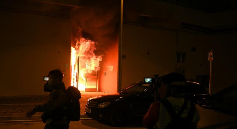 A fire raged at the entrance to one of the buildings earmarked as a virus quarantine centre