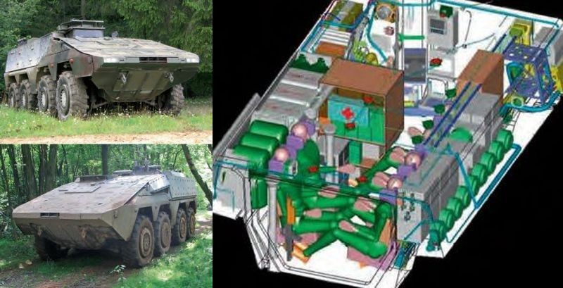 Opancerzony wóz jednostek inżynieryjnych. BOXER w tej wersji przeznaczony jest do przewozu żołnierzy i sprzętu jednostek inżynieryjnych. W tym wariancie załogę stanowi kierowca, dowódca i strzelec. Poza miejscami dla załogi pojazd wyposażony jest w siedzenia dla sześciu żołnierzy. Opancerzony pojazd tego typu może działać jako wsparcie innych jednostek lub może być wykorzystany do samodzielnych zadań.<br><br> fot. ARTEC GmbH