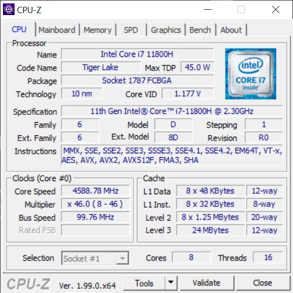 Hyperbook Pulsar V17 – CPU-Z – specyfikacja Intel Core i7-11800H