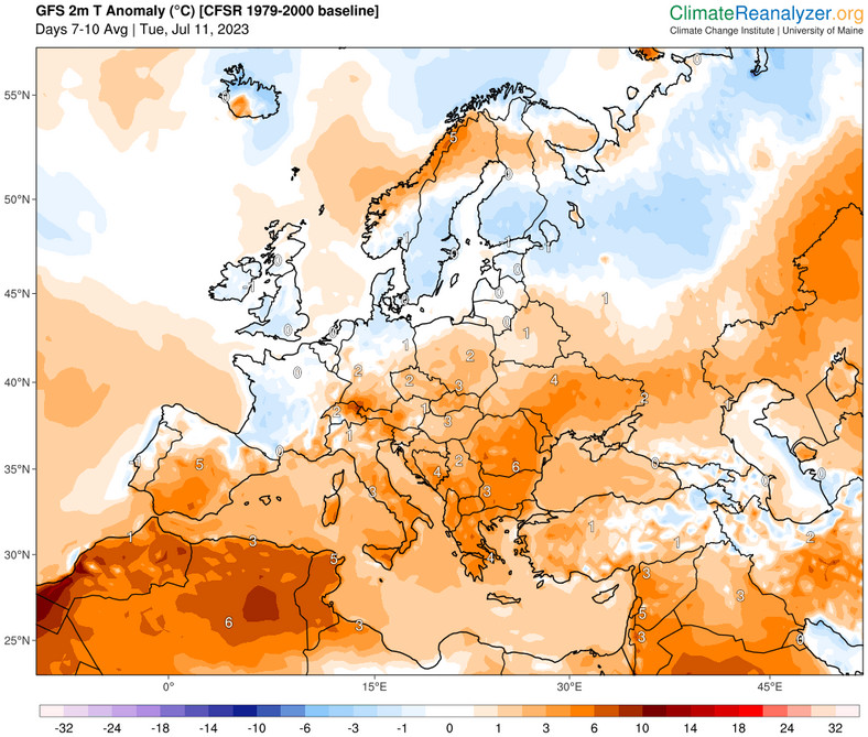 Temperature anomaly forecast in Europe for the next 10 days