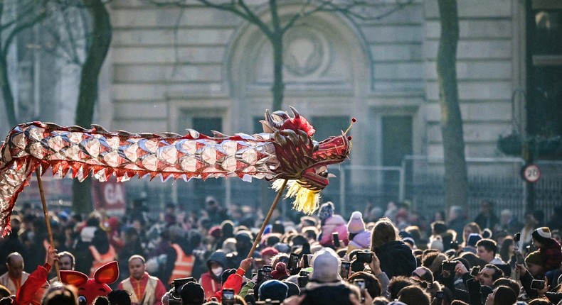 Performers take part in the parade celebrating the Lunar New Year of the Rabbit, in London on January 22, 2023.JUSTIN TALLIS/AFP via Getty Images