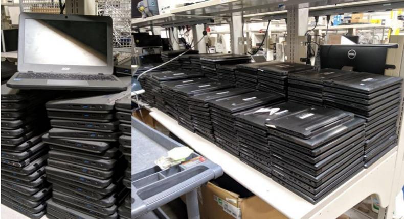 A picture from the report that the US PIRG says shows a school system's Chromebooks that are no longer usable.US PIRG/Peter Mui
