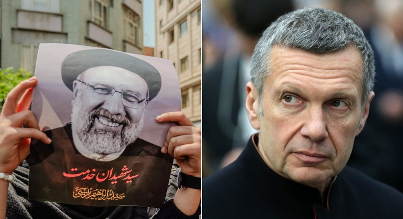 Women mourners attend the state-organized funeral procession of the late Iranian President Ebrahim Raisi in Tehran, Iran, on May 22, 2024 and Russian television presenter Vladimir Solovyov at a meeting in 2023.MOE/Middle East Images/AFP via Getty Images and Contributor/Getty Images