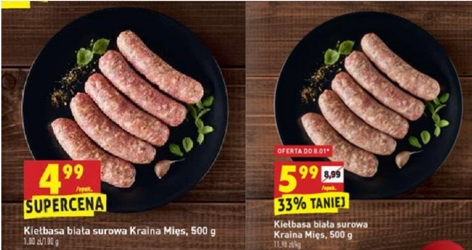 Kiełbasa z Biedronki. Po lewej oferta ze stycznia 2021 r., po prawej — ze stycznia 2022 r.