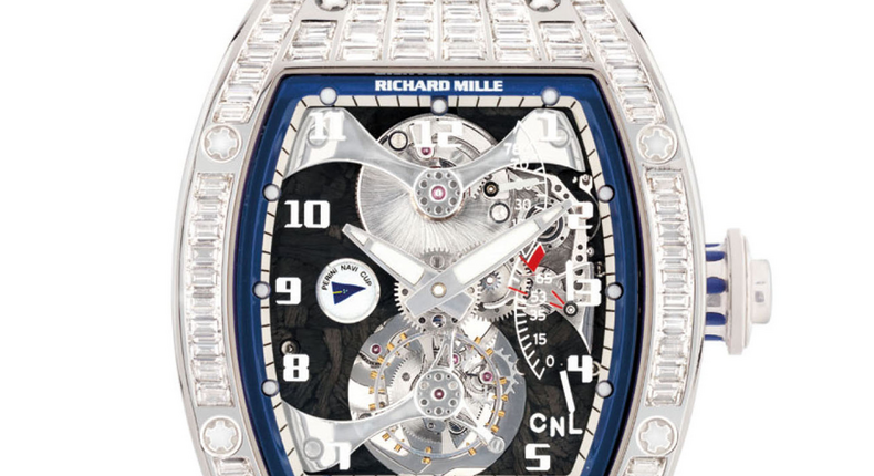 10. Designed and signed by Richard Mille, this rare platinum and baguette-cut, diamond-set tourbillon wristwatch sold for a cool $566,014.