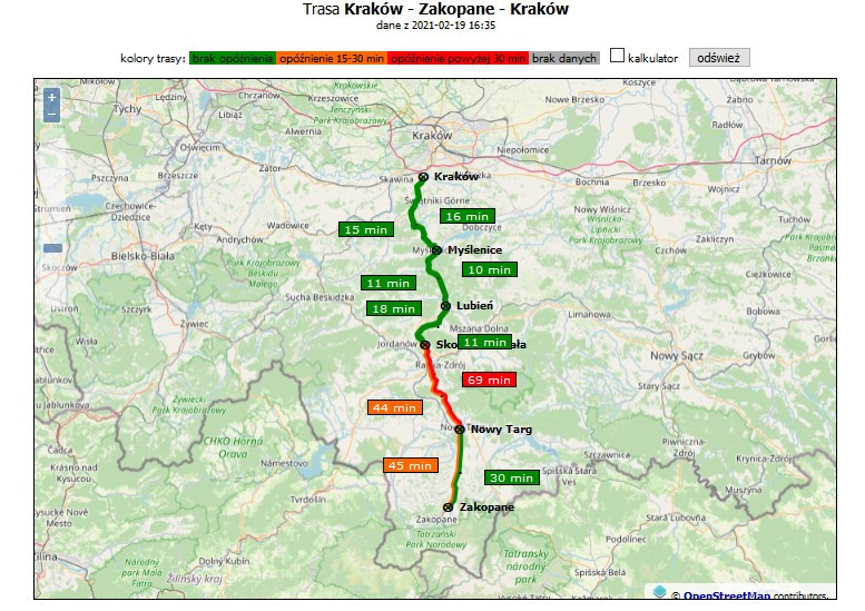 Warunki na drodze na trasie Kraków - Zakopane 