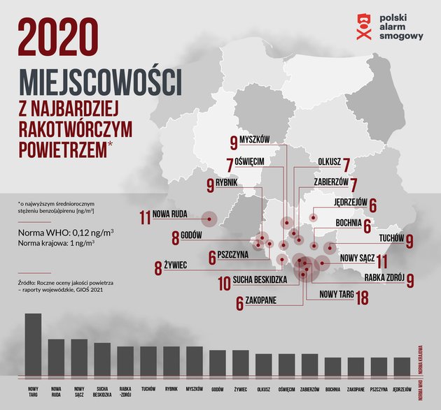 Miejscowości w Polsce z najwyższymi stężenami benzo(a)pirenu.  Grafika: Polski Alarm Smogowy