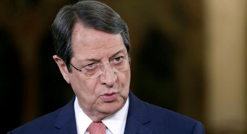 Cypriot President Nicos Anastasiades talks during a televised news conference at the presidential palace in Nicosia on May 22, 2017