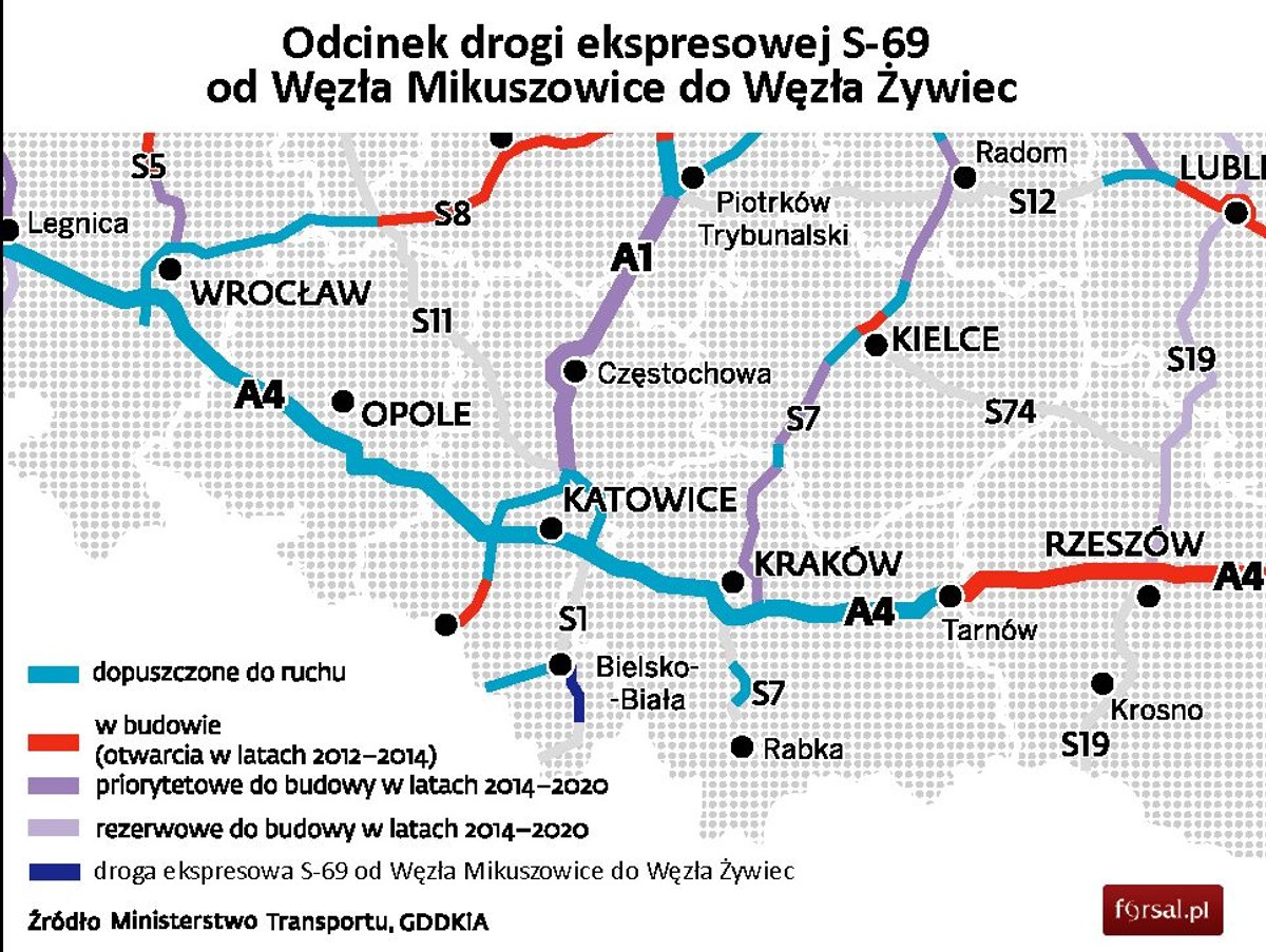Odcinek drogi ekspresowej S-69 od Węzła Mikuszowice do Węzła Żywiec (stan z kwietnia 2013 r.)