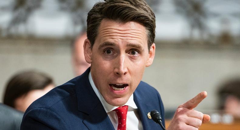 Sen. Josh Hawley (R-MO) questions former Deputy Attorney General Rod Rosenstein at hearing of the Judiciary Committee on Capitol Hill on June 03, 2020
